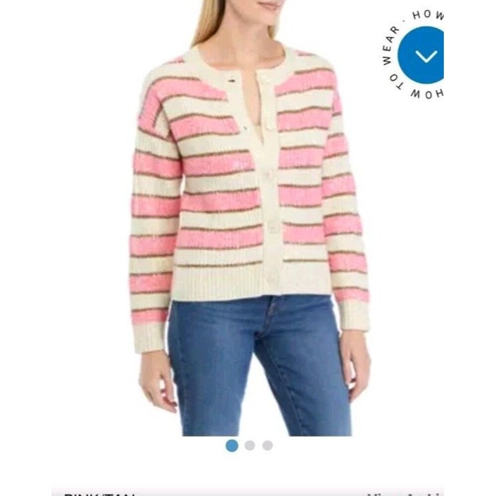 Crown & Ivy Women's Stripe Shine Sequin Cardigan Large Pink Tan Gold NWT S.1